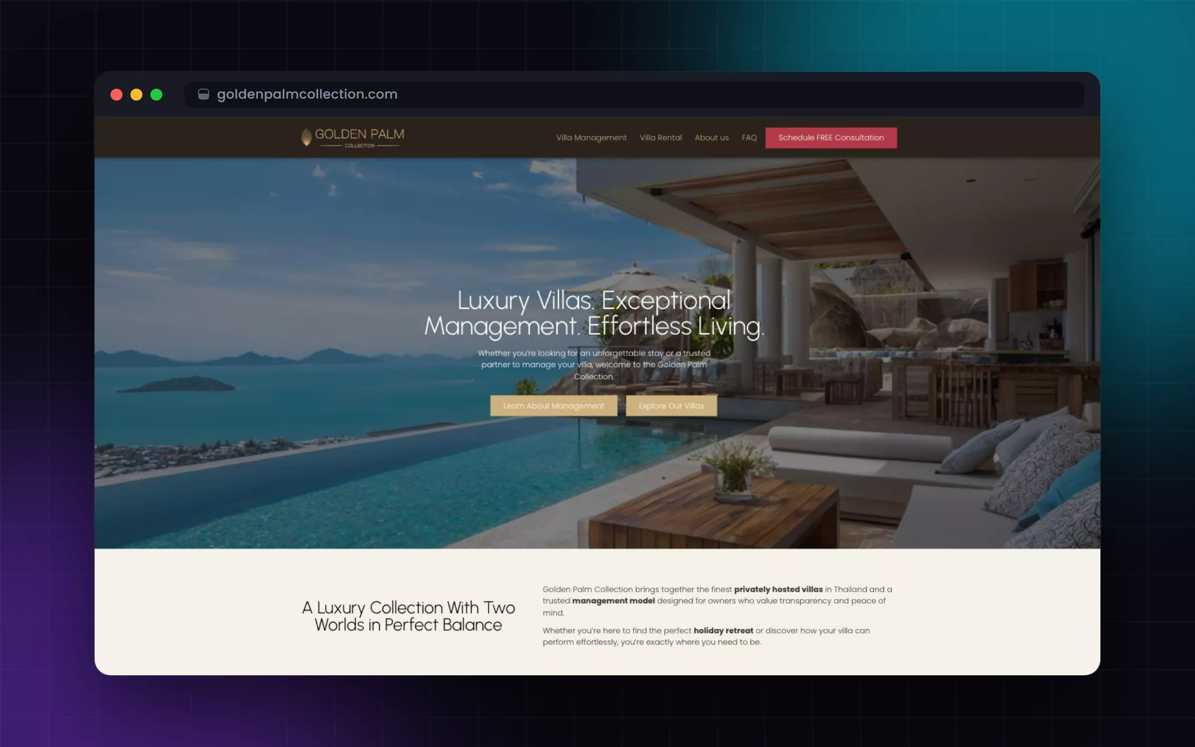 Screenshot van website & bookingplatform voor luxe villabeheer (Golden Palm Collection)