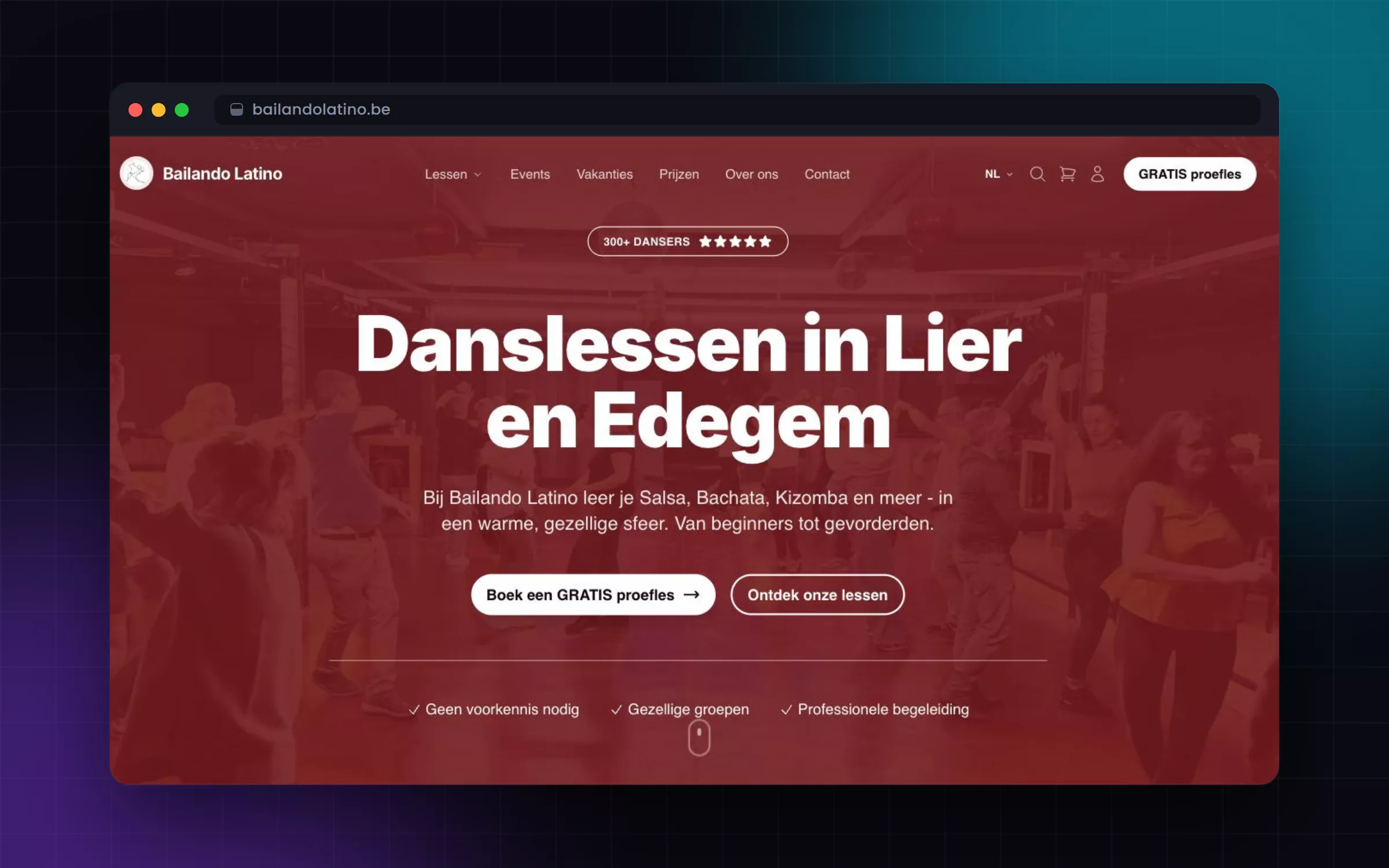 Screenshot van website & applicatie voor dansschool (Bailando Latino)