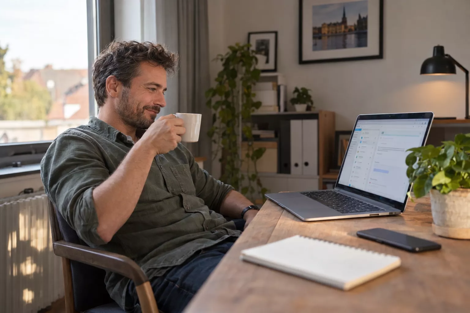 Ontspannen lachende ondernemer achter haar laptop, tevreden dat e-mail beantwoorden met AI nog maar een kwartier kost