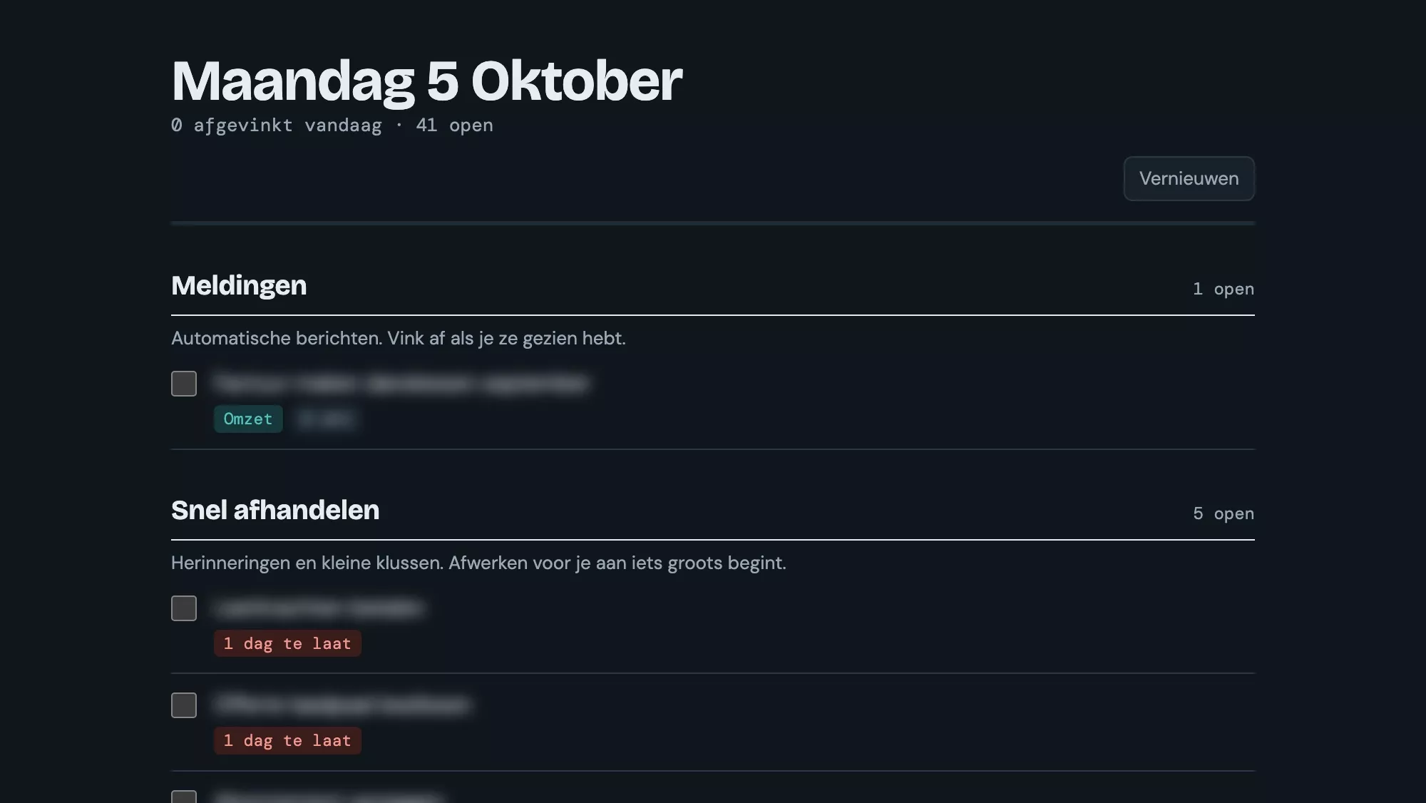 Ochtendbrief: één overzicht met meldingen, snelle taken en deadlines uit verschillende tools