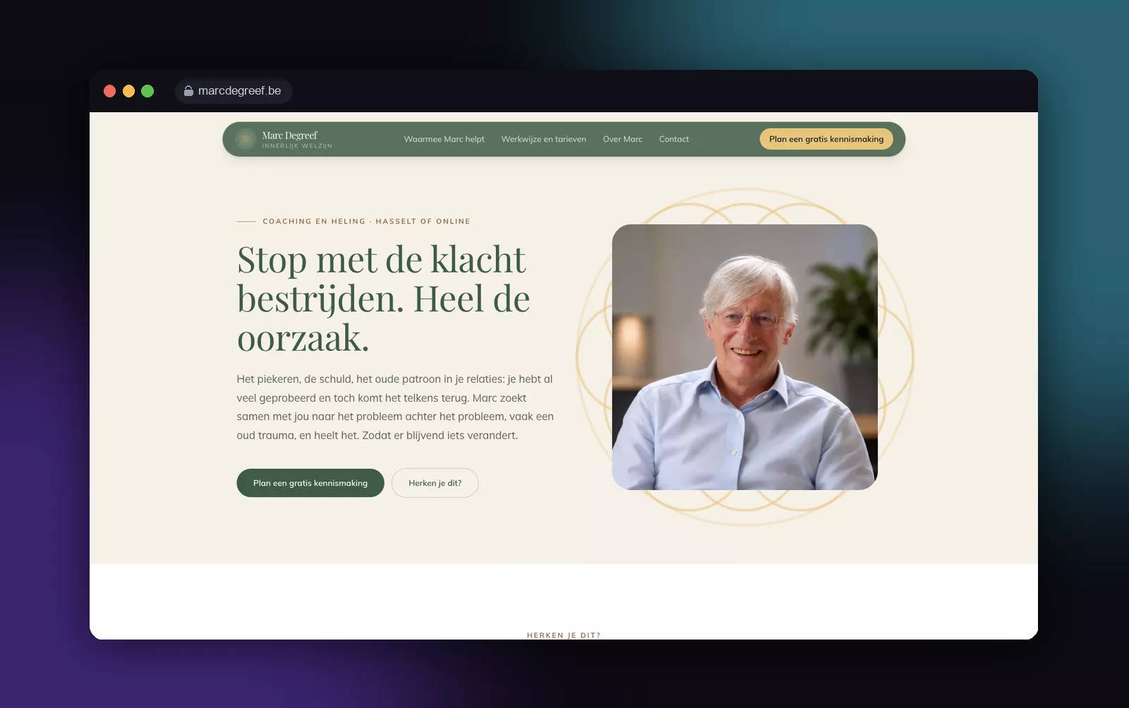 Homepage van marcdegreef.be, de website van coach en heler Marc Degreef, in een browservenster