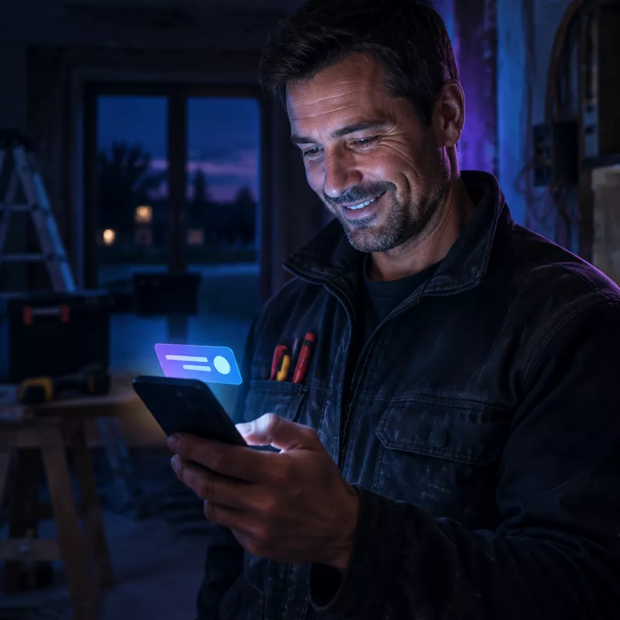 Elektricien kijkt glimlachend naar een nieuwe lead op zijn smartphone